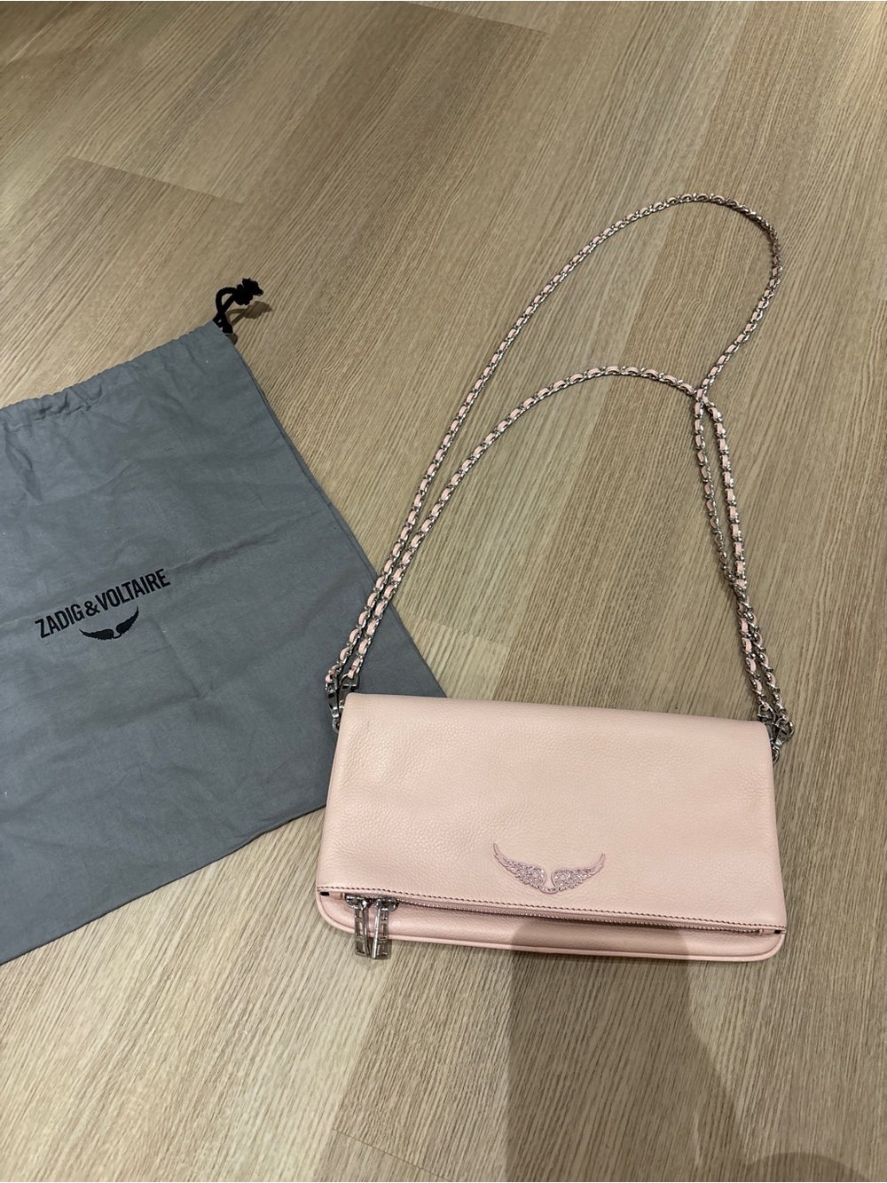 Zadig & Voltaire Pale Pink Rock Clutch Leather Chain Shoulder Chain Bag